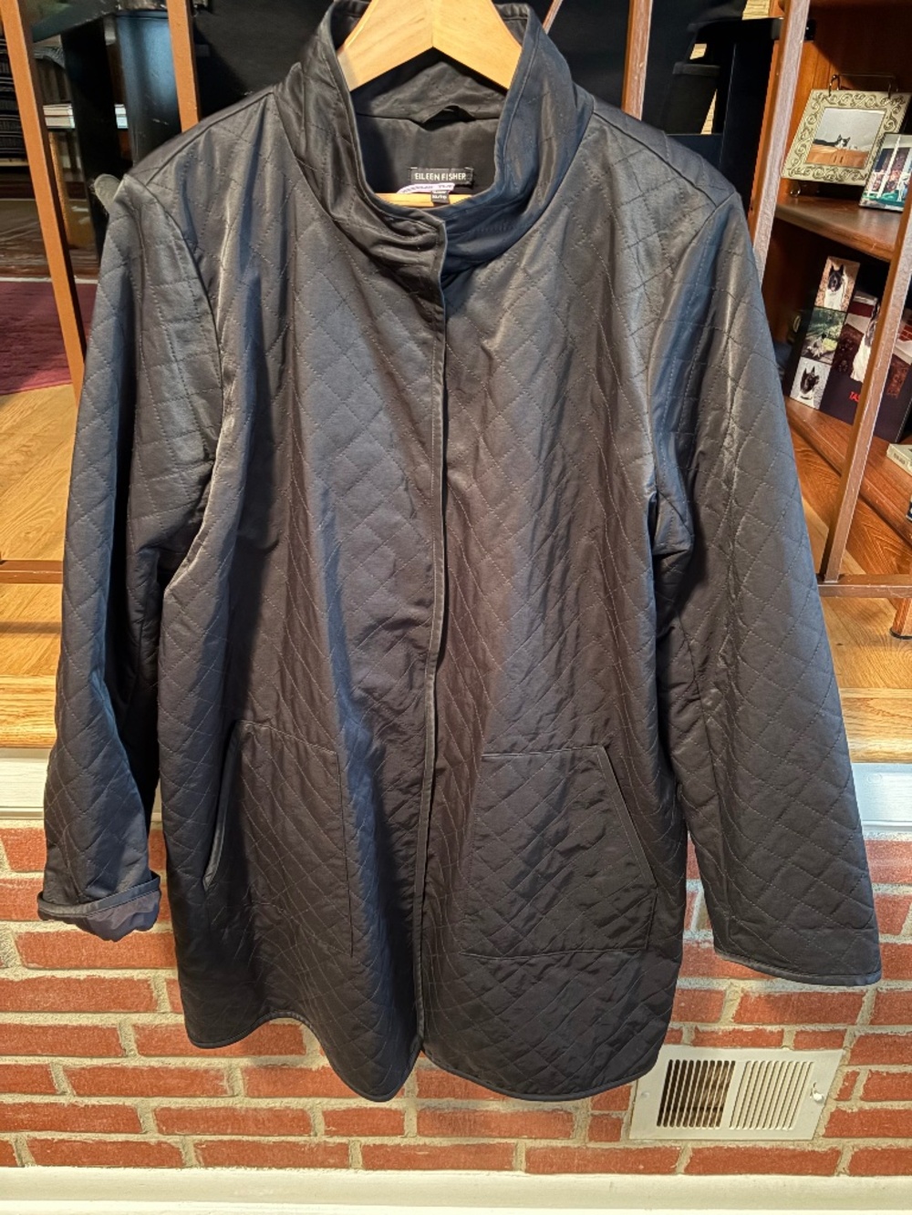 Eileen Fisher Quilted Long Chore Coat  XL Button Down Black